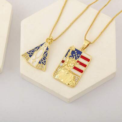 1pc 18k Gold Plated Copper Geometric Pendant Necklace With White Zirconia, Elegant Jewelry Design Symbolizing Freedom & Patriotism