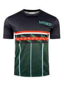 Men Mexico Letter Color Block Striped Print Short Sleeve Soccer Jersey Quick Dry Breathable Mesh Outdoor Football Training Sports Tee Tops - Black - View 1