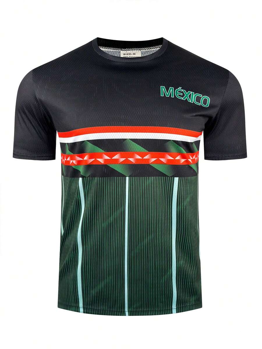 Men Mexico Letter Color Block Striped Print Short Sleeve Soccer Jersey Quick Dry Breathable Mesh Outdoor Football Training Sports Tee Tops - Black - View 1