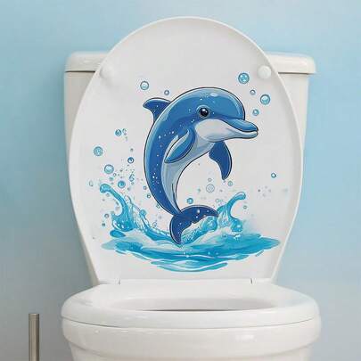 1pc 3D Style Blue Dolphin Toilet Sticker, Waterproof And Durable, Removable Blue Marine Animal Toilet Lid Decal, Personalized Sticker For Bathroom Toilet Lid Decor, Wall Decor, Room Decor, Bathroom Decor, Home Decor