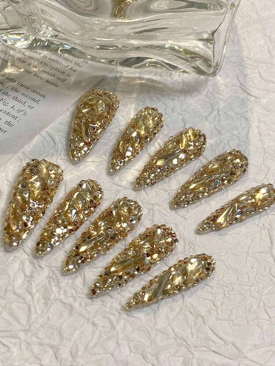 1 Set Long Teardrop Champagne Gold Cracked Rhinestone Nail Stickers, Handmade Luxury High-End, Suitable For Parties, Birthdays, Gatherings And Other Occasions Nails Nail Supplies Handmade Press On Nails - Multicolor - View 1