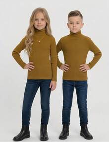 Girls' And Boys' Unisex Long-Sleeved High Neck Ribbed Blouse - Comfortable, Sizes 1 To 8 Years - Camel - View 2