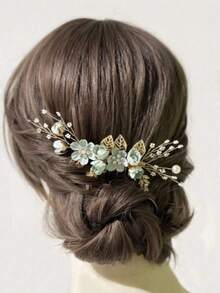 1pc Women's Handmade Golden Thread Light Green Flower & Pearl Hair Comb Accessory - Green - View 3