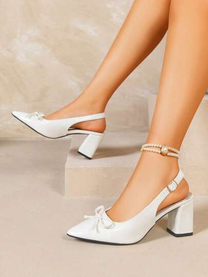Backless Closed Toe Chunky Heel Pumps, Solid Color, Suitable For Teenagers
