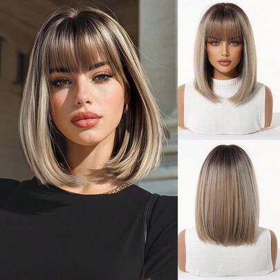 Tóc giả ngắn thẳng kiểu bob màu ombre nâu sang đen dài 12 inch có mái, chất liệu sợi tổng hợp chịu nhiệt, phù hợp cho sử dụng hàng ngày, dự tiệc, cosplay và chụp ảnh.