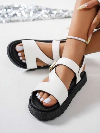 New Fashion Metal Buckle Decor Slip-On Peep Toe Platform Slippers, Comfortable Non-Slip, Versatile & Easy To Clean Beach Sandals, Suitable For Daily Wear