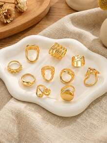 Bộ 10 chiếc nhẫn hình học bất đối xứng kiểu cổ điển, thiết kế độc đáo theo phong cách retro, phù hợp cho nữ giới, có thể đeo trong các lễ hội, tiệc tùng, hẹn hò, sử dụng hàng ngày hoặc làm quà tặng [Không được bẻ cong mạnh, kích thước được ghi rõ]. - Vàng - Xem 3