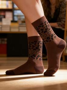 3双装女士豹纹休闲多功能运动中筒袜，春夏款 - 彩色 - 查看 3