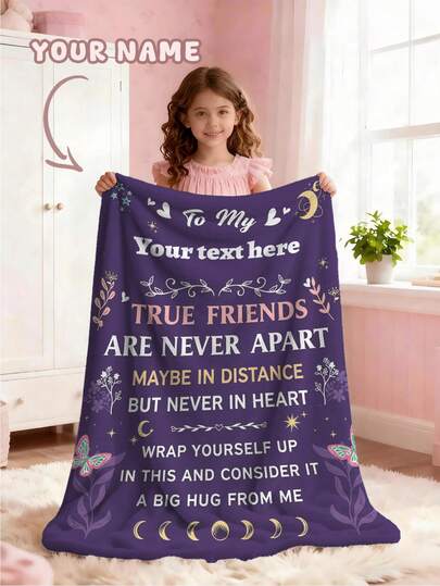 1pc Customizable Text Family Blanket, Moon Pattern, Memorial Blanket. Suitable As A Girl, Boy, Adult, Valentine's Day, Lightweight, Baby Blanket, Personalized Throw Blanket, Personalized Photo Blanket, Personalized Infant Blanket, Newborn Blanket, Suitable For Mother's Day, Birthday, Children's Day, Father's Day, Graduation, Wedding, Christmas, Halloween, Applicable To Home Sofa, Bed, Car, Bedroom, Living Room, Throw Blanket, Rug, Children Blanket.