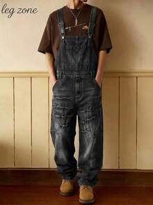 1Pcs Men's Vintage Distressed Baggy Denim Overalls, Loose Straight Leg Streetwear Jeans Jumpsuit, Unisex Casual Denim For Daily Wear - 黑色 - 查看 2