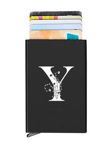 1pc Personalized Laser Engraved 26 Letter Name Card Holder, Aluminum Credit Card Case, Anti-Magnetic RFID Wallet With Auto Pop-Up Card Slot - Black - View 18