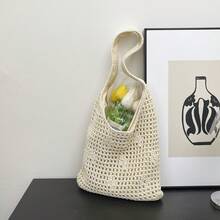 镂空编织手提包，手工钩编休闲单肩包，大容量度假风 - 米色 - 查看 4