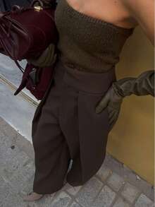 Pantalones casuales y elegantes de mujer, de unicolor, con botones, cremallera y pliegues, de color marrón, versátiles para la oficina, para primavera/verano - Marrón - Ver 6