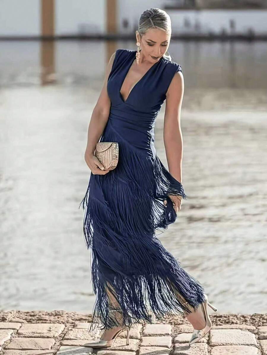 女士优雅迷人流苏蛋糕裙无袖高腰连衣裙婚礼派对 - 寶藍色 - 查看 1