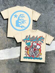 Hellstars Kissing Skeletons Shout Out To The Underground Vintage T-Shirt Double Sided Printed (220g 100% Cotton T-Shirt),Summer Clothes, Men's Tops, Casual And Comfortable, Fashionable Graphic Tee, Unisex Style - Apricot - View 1