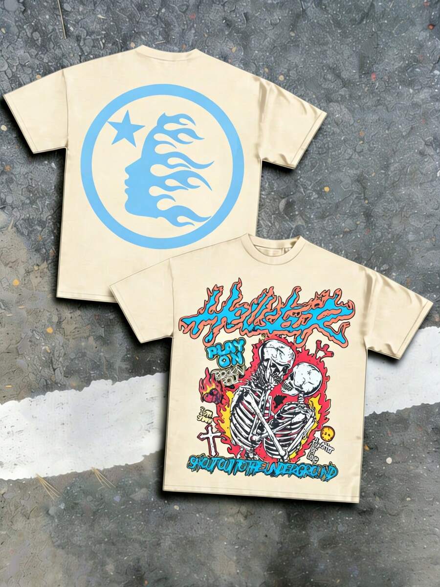 Hellstars Kissing Skeletons Shout Out To The Underground Vintage T-Shirt Double Sided Printed (220g 100% Cotton T-Shirt),Summer Clothes, Men's Tops, Casual And Comfortable, Fashionable Graphic Tee, Unisex Style - Apricot - View 1