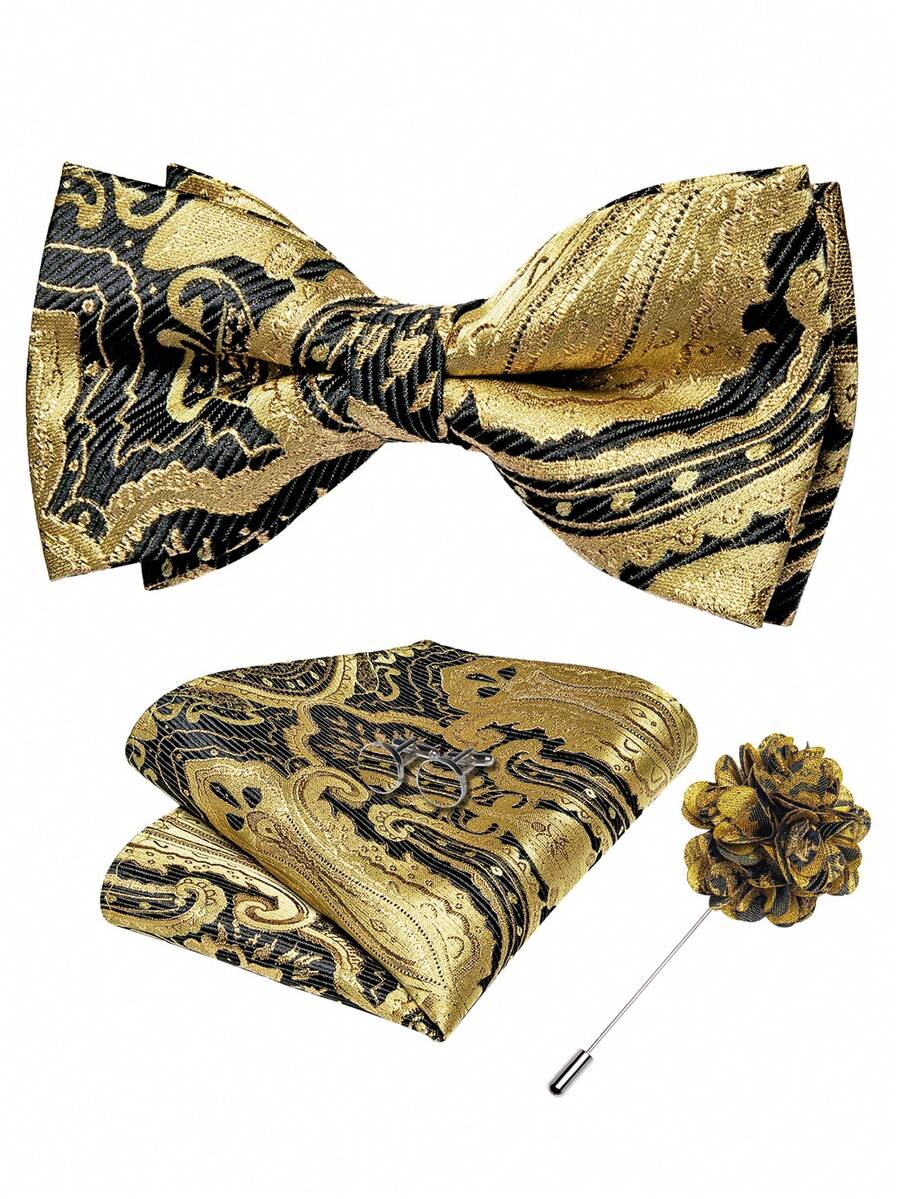 男士金色佩斯利花纹预系领结套装，包含领结、手帕、袖扣和胸针，适合婚礼、正式场合和派对等场合，是理想的礼物之选。 - 金色 - 查看 1