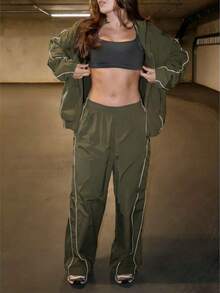 Women's Casual Sports Tracksuit, Zip-Up Jacket And Pants Set For Running, Outdoor, Hiking, Fitness - 軍綠色 - 查看 12