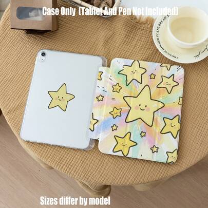 Healing Watercolor Style, Featuring Cute Smiling Stars With A Gradient Rainbow Blurred Background. The Hand-Painted Brushstrokes Are Gentle And Delicate, Dreamy And Full Of Childlike Fun. Tri-Fold Clear Acrylic Stand For Multi-Angle Viewing/Writing, Built-In Pencil Slot, High Transparent Acrylic Back Panel And All-Round Soft Shockproof Edge