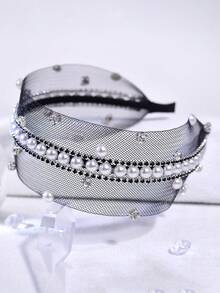 1pc Handmade Exquisite Crystal & Pearl Headband, Suitable For Summer Wedding Bridal Hairstyle, Vacation, Party, Banquet, Ball, Holiday Events - Black - View 8