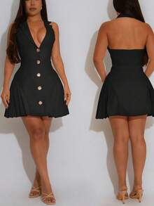 Elegant Sexy V-Neck Collarless Backless Dress - màu đen - Xem 1
