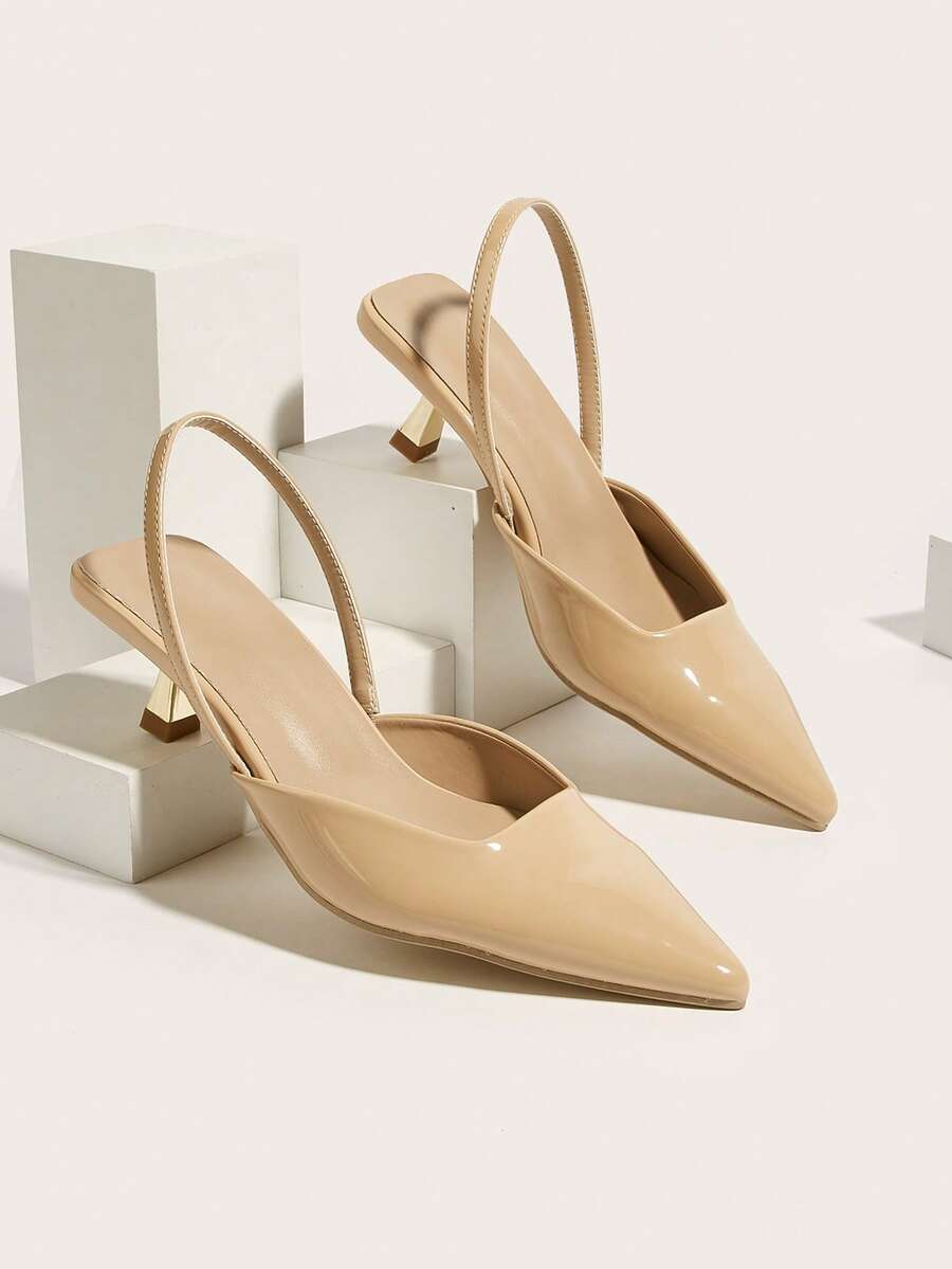 Women's Solid Color Kitten Heel Shoes, Elegant Pointed Toe Metal Heel High Heels, Fashionable Ankle Strap Open Toe High Heels