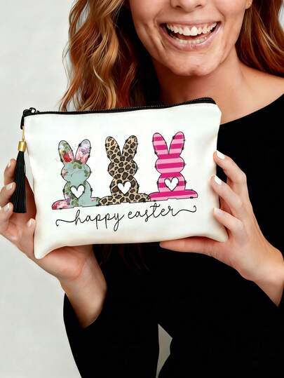 Bolsa de maquillaje con borla de Pascua feliz - Organizador con estampado de conejito lindo con decoración elegante de borla, bolsa de maquillaje de gran capacidad y peso ligero, compañero de viaje esencial para viajes de negocios, viajes diarios y fines de semana, organizador versátil y práctico, bolsa de cosméticos, bolsa de papelería, monedero, bolsa de aseo para mujeres, lavable y reutilizable, regalo para mamá, hermanas, hijas, amigas y mejores amigas, regalos de Pascua