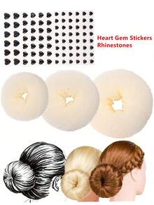 4pcs Hair Bun Shaper Set With Extra-Large, Large, Medium, Small Donut Hair Bun Maker, 20pcs Large Bobby Pins, Cream Color And 84pcs Heart Gem Stickers Rhinestones For Crafts - Multicolor - View 12