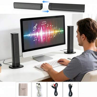 20W 可拆卸无线电视音响条，带低音炮 | 3D环绕立体声家庭影院系统 | TF/AUX/FM/RCA接口，有线/无线蓝牙音箱，适用于电视、电影、游戏、电脑、投影仪 | 客厅高保真立体声音响条