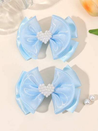 Set de 2 pinzas para el cabello con lazo de malla azul claro, pinzas para el cabello con lazo en forma de corazón de perlas para niñas, pinzas de cocodrilo con lazo de cinta azul claro, accesorios para el cabello como regalo festivo para adolescentes