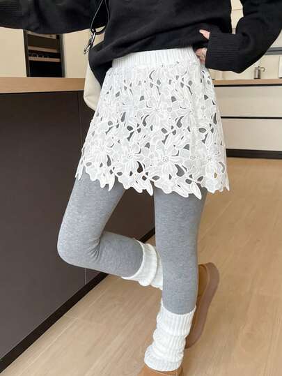 Lace Fake Layering Skirt, Plus Size Casual Hem Underskirt For Sweaters