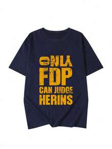 女士圆领短袖T恤，夏季新款字母印花，时尚休闲百搭宽松上衣 - 藏藍 - 查看 3