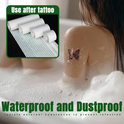 1 Rollo de vendaje desechable para el cuidado posterior de tatuajes, película protectora adhesiva e impermeable para tatuajes, uso estéril en salones de tatuajes, accesorio de reparación antifricción para el cuidado de tatuajes - Rollo de cuidado de tatuajes, película protectora de tatuajes