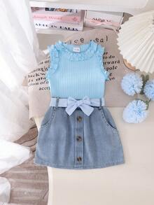 2 st söta linnen + denimskjol för babyflickor, lätt sommaroutfit - Babyblå - Visa 1