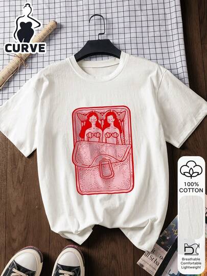 2026 Mermaid Print Plus Size Women's Casual Cotton Short Sleeve Top, Soft Fabric, Streetwear Oriental Aesthetic T-Shirt, 100% Premium Cotton Short Sleeve T-Shirt, 2026 Back To School Outfit Inspiration, Essential For First Day Of School, College Style Clothing