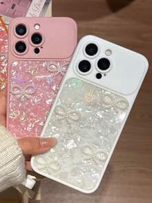 Luxury 3D Pearl Bowknot Laser Heart Shell Pattern Shockproof Phone Cases Compatible With IPhone 17Pro Max 17Pro 17 17Air 16Pro Max 16Pro 16P 15Pro Max 15Pro 13Pro Max 14 Pro 16 15 14 13 Camera Protection Phone Cover - White - View 2