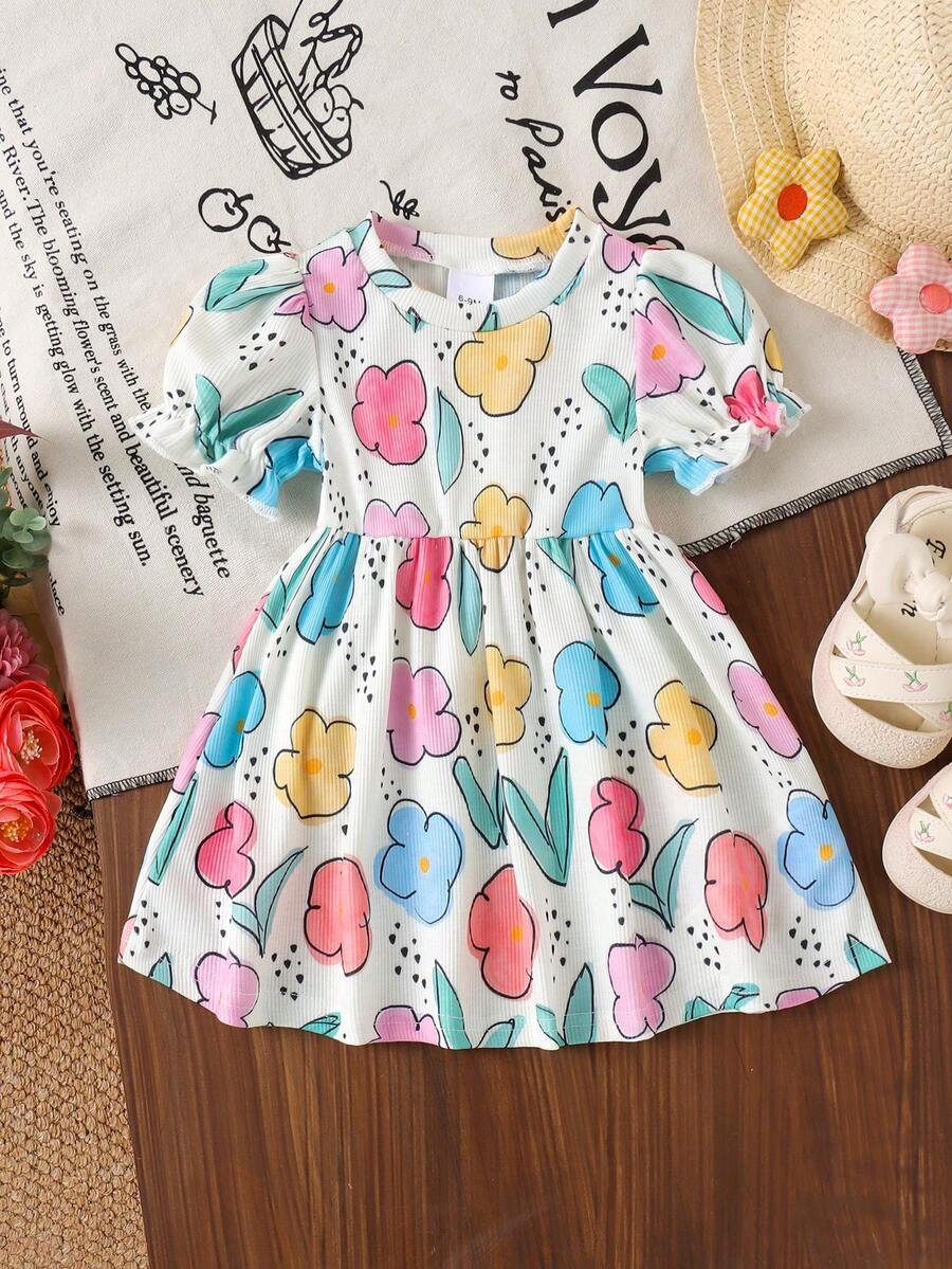 1 chiếc đầm ngắn tay in hoa dễ thương cho bé gái, chất liệu nhẹ, thích hợp mặc mùa hè. - Màu be - Xem 1