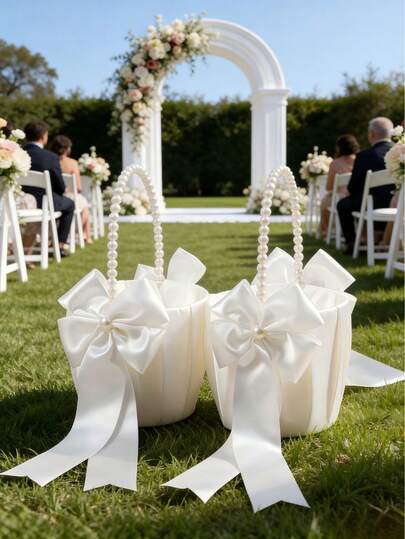 1pc/2pcs Bow Tie Faux Pearl Wedding Flower Basket - White Bow Flower Basket, Satin Flower Basket, Suitable For Wedding Party Decor, New Year Gift, Decorative Gift, Back To School Gift