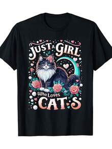 Encantadora Camiseta de Mujer 'Solo Una Chica Que Ama a los Gatos' - 100% Algodón, Manga Corta, Cuello Redondo con Diseño de Gatos y Rosas Coloridos - Casual, para Uso en Todas las Temporadas - Negro - Ver 6