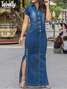 Women Button Half Placket Split Hem Denim Dress Casual Spring - Dark Wash - View 1