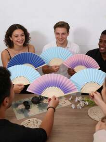 2/1 pieza - Abanico de tela de unicolor elegante de 7 pulgadas, abanico plegable liso, abanico de bambú de poliéster, abanico publicitario para impresión manual y tallado en seda, múltiples opciones - Multicolor - Ver 6