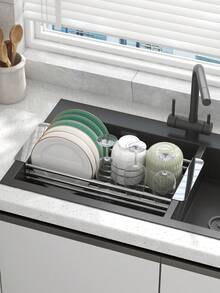 1 pieza Organizador de fregadero ajustable y extensible, rejilla de acero inoxidable para secar platos y utensilios, almacenamiento de vegetales y esponjas, rejilla de drenaje, rejilla para platos, estante de almacenamiento de cocina - Multicolor - Ver 9
