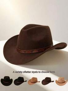 Mũ nữ 1 chiếc, kiểu dáng độc đáo, màu trơn, hình trái tim, vành rộng, chất liệu nỉ xoăn, kết hợp với thắt lưng in hình đầu bò màu nâu, mũ cao bồi miền Tây ngoài trời, phụ kiện cá tính đa năng cho du lịch, biểu diễn, tiệc tùng, unisex. - Mũ trang trí thắt lưng da hình đầu bò nhiều màu - Xem 1