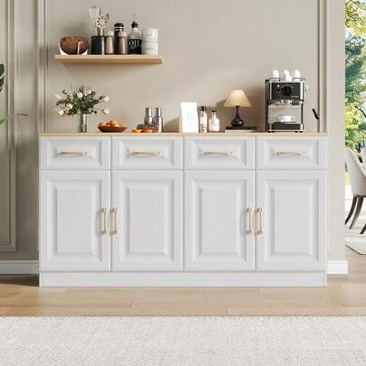 140cm Dining Room/Sideboard Cabinet With Storage, Bar Cabinet With 4 Drawers And 4 Barn Doors, Long Modern Farmhouse Style Storage Cabinet, In White Wood, For Kitchen, Dining Room, Living Room