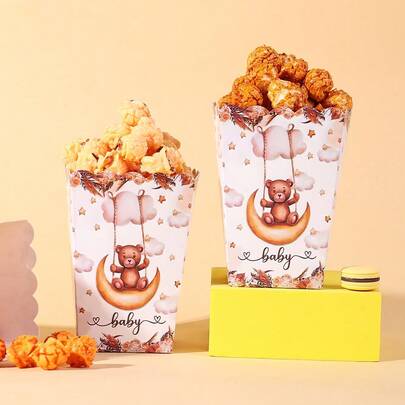 Hộp giấy đựng bỏng ngô hình gấu nâu và trăng mây (10/20/50 chiếc), hộp quà tặng kẹo bánh quy hình gấu cho tiệc mừng em bé, tiệc tiết lộ giới tính, tiệc sinh nhật chủ đề gấu, hộp quà bỏng ngô giấy hình gấu nâu - thiết kế gấu đáng yêu với sao và mây, thích hợp trang trí tiệc, sinh nhật, tiệc mừng em bé và làm hộp đựng đồ ăn nhẹ cho các sự kiện.