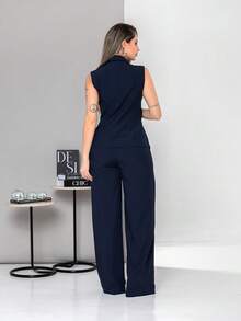 New Tailored Set Consisting Of Vest And Wide-Leg Trousers C6608 - Màu xanh hải quân - Xem 2