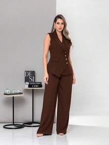 New Tailored Set Consisting Of Vest And Wide-Leg Trousers C6608 - Chocolate Brown - View 3