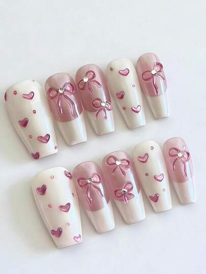10 Pcs Pink Bow & Heart Press On Nails Set - Handcrafted, Gradient Pink & White French Tip Nails, Glitter Heart & Rhinestone Bow Design, Sweet Romantic Nails - Ideal For Dates, Parties & Daily Wear, Perfect Gift For Women & Girls, DIY Nail Art Kit