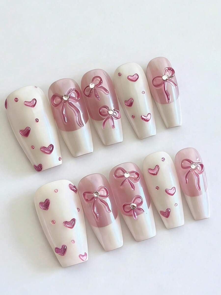 10 Stück Rosa Schleife & Herz Nagel Sticker Set - Handgemachte Farbverlauf Rosa & Weiß French Maniküre Sticker, Glitzer Herz & Strass Schleife Design, süßer romantischer Stil Nagel Aufkleber, perfekt für Dates, Partys und den täglichen Gebrauch, ideales Geschenk für Frauen und Mädchen, DIY Nail Art Set - Pink - Übersicht 1