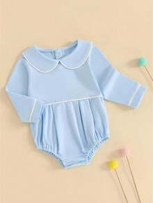 Pijama para bebés niños y niñas, de una pieza, con mangas largas, cuello tipo muñeca, línea de contraste/color sólido, traje de juego para recién nacidos - Azul - Ver 1